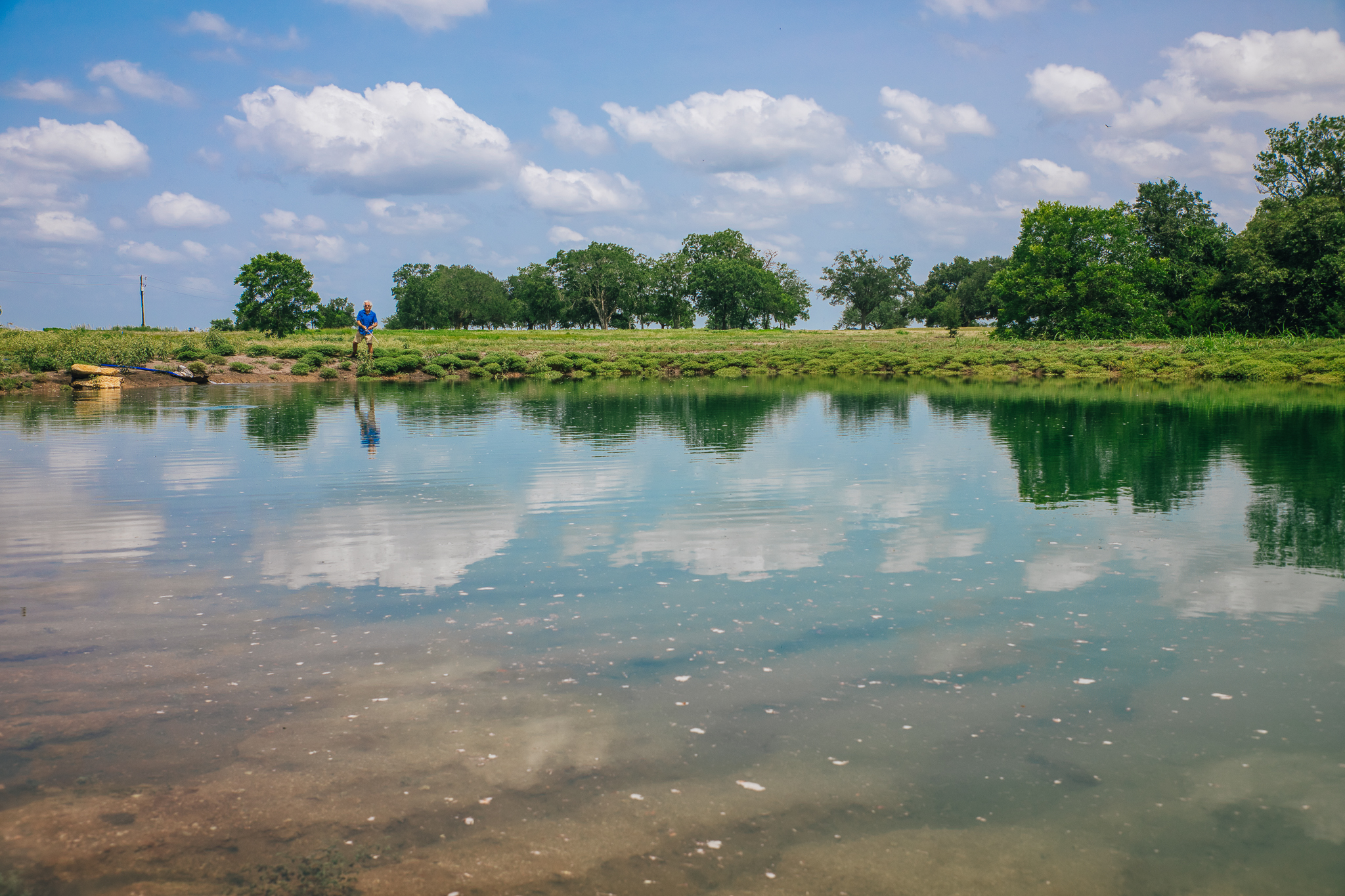 Man fishing, wide pond and tree backdrop — Lot 1
